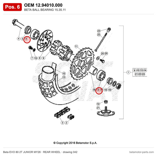 BETA BALL BEARING 15.35.11 – OEM 12.94010.000, position 6 on the Beta EVO 80 2T JUNIOR MY26 rear wheel drawing
