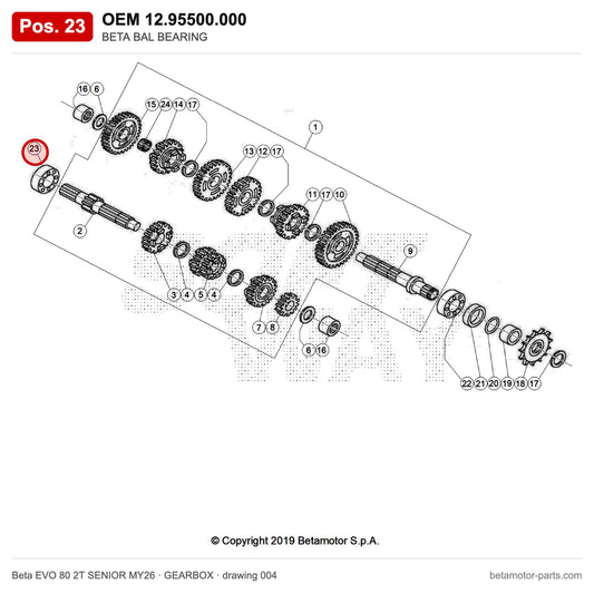 BETA BAL BEARING – OEM 12.95500.000, position 23 on the Beta EVO 80 2T SENIOR MY26 gearbox drawing