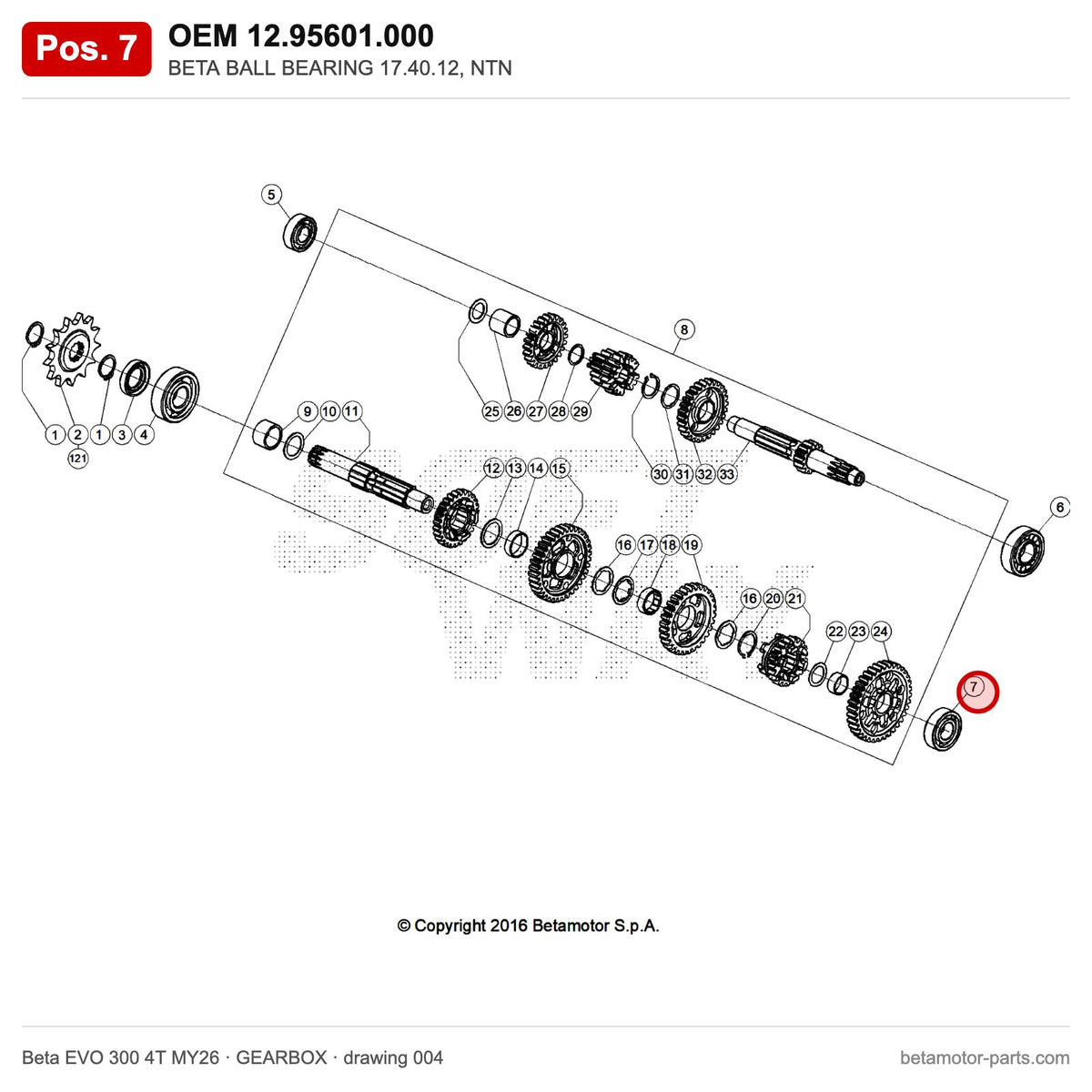 BETA BALL BEARING 17.40.12, NTN – OEM 12.95601.000, position 7 on the Beta EVO 300 4T MY26 gearbox drawing