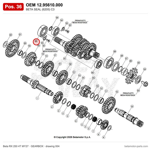 BETA SEAL (6205) C3 – OEM 12.95610.000, position 36 on the Beta RX 250 4T MY27 gearbox drawing