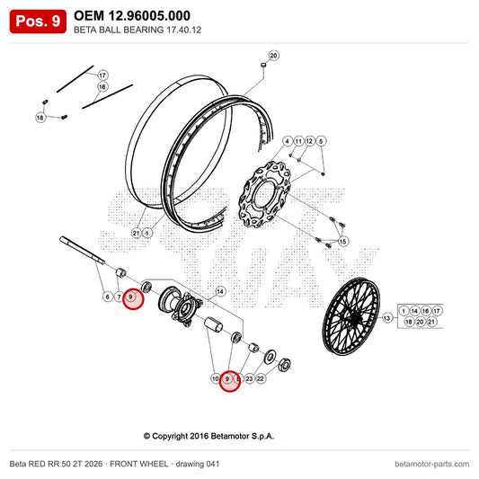 BETA BALL BEARING 17.40.12 – OEM 12.96005.000, position 9 on the Beta RED RR 50 2T 2026 front wheel drawing