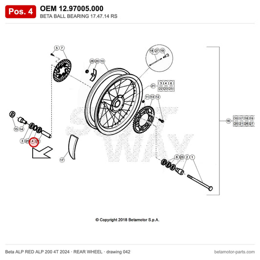 BETA BALL BEARING 17.47.14 RS – OEM 12.97005.000, position 4 on the Beta ALP RED ALP 200 4T 2024 rear wheel drawing