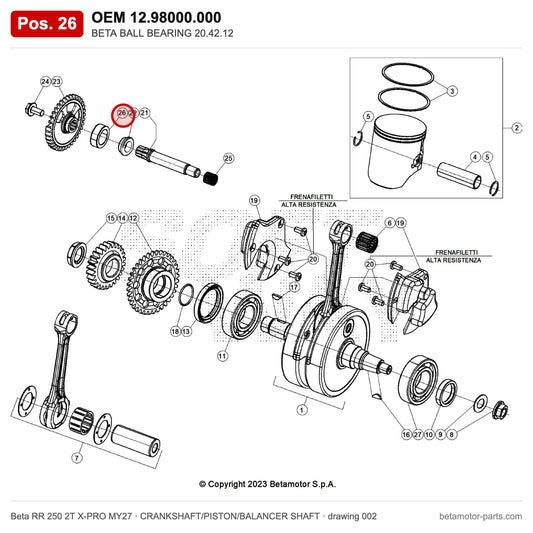 BETA BALL BEARING 20.42.12 – OEM 12.98000.000, position 26 on the Beta RR 250 2T X-PRO MY27 crankshaft/piston/balancer shaft drawing