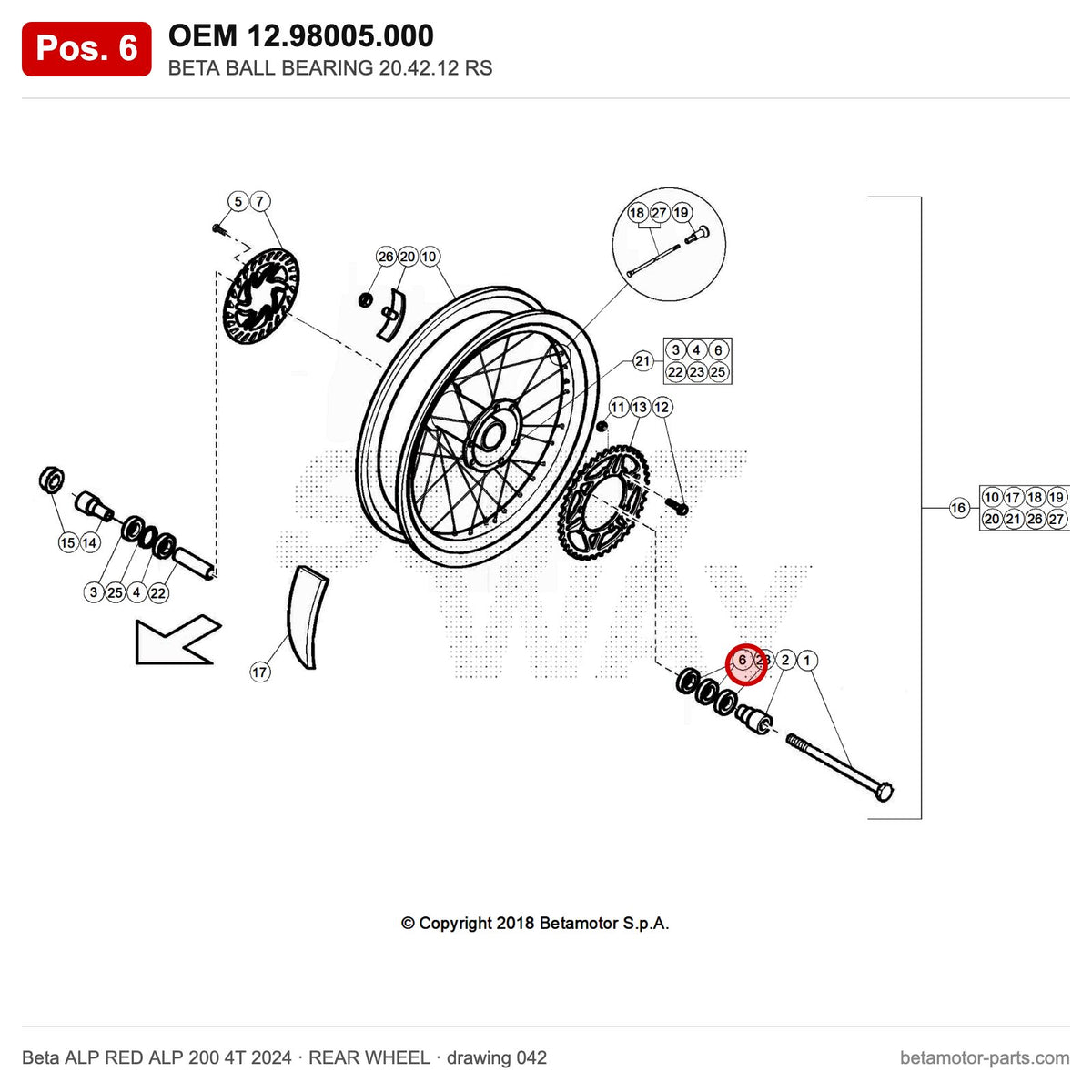 BETA BALL BEARING 20.42.12 RS – OEM 12.98005.000, position 6 on the Beta ALP RED ALP 200 4T 2024 rear wheel drawing