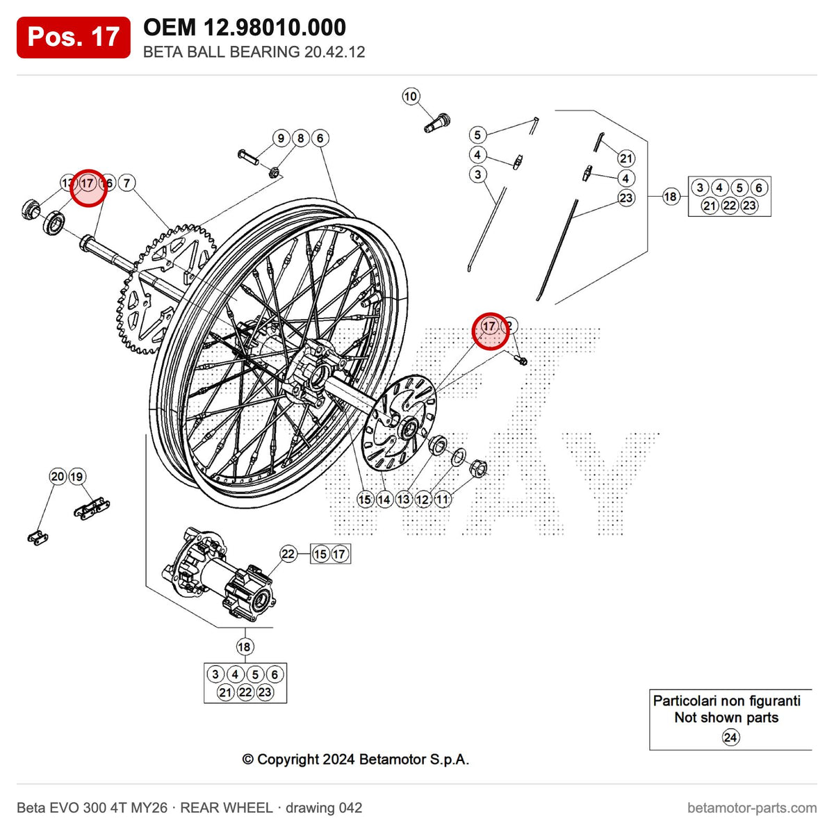 BETA BALL BEARING 20.42.12 – OEM 12.98010.000, position 17 on the Beta EVO 300 4T MY26 rear wheel drawing