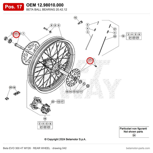 BETA BALL BEARING 20.42.12 – OEM 12.98010.000, position 17 on the Beta EVO 300 4T MY26 rear wheel drawing