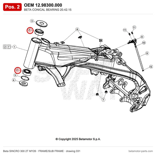 BETA CONICAL BEARING 20.42.15 – OEM 12.98300.000, position 2 on the Beta SINCRO 300 2T MY26 frame/sub frame drawing