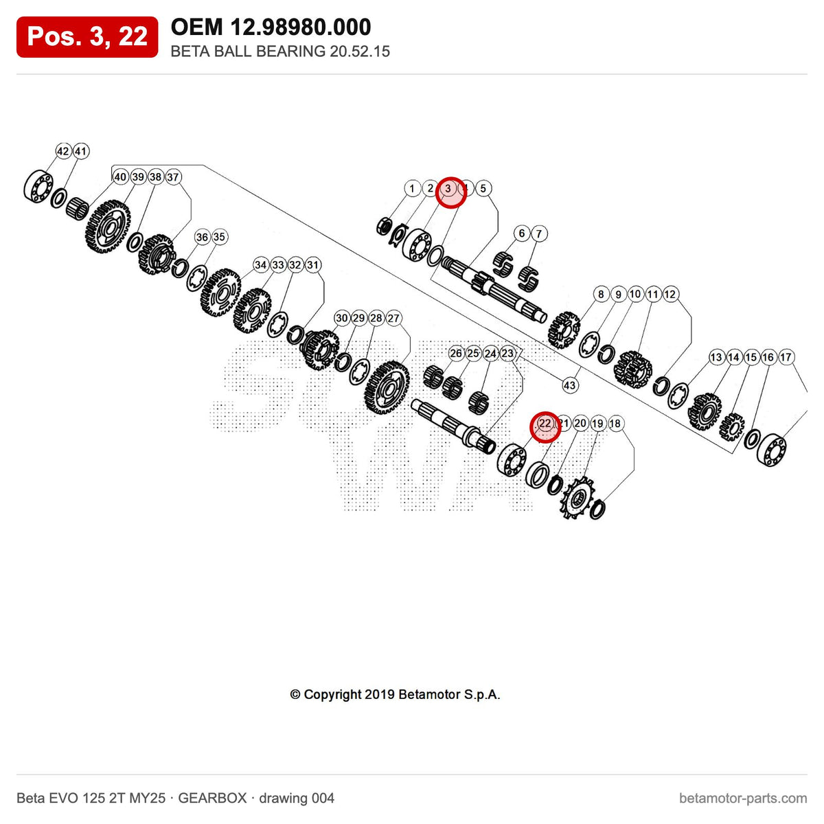 BETA BALL BEARING 20.52.15 – OEM 12.98980.000, positions 3,22 on the Beta EVO 125 2T MY25 gearbox drawing