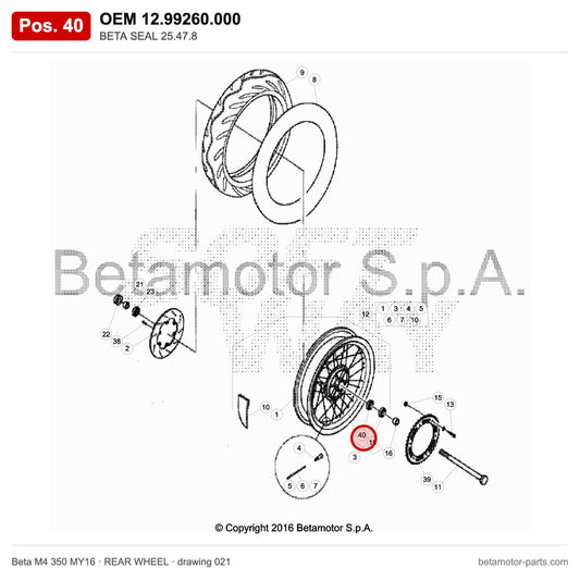 BETA SEAL 25.47.8 – OEM 12.99260.000, position 40 on the Beta M4 350 MY16 rear wheel drawing