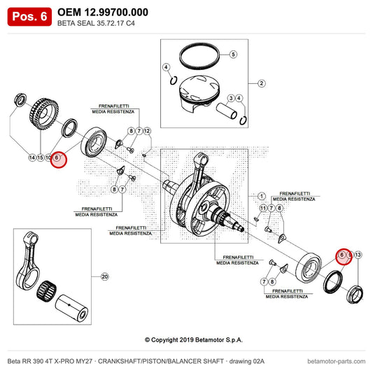 BETA SEAL 35.72.17 C4 – OEM 12.99700.000, position 6 on the Beta RR 390 4T X-PRO MY27 crankshaft/piston/balancer shaft drawing