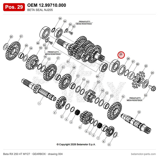BETA SEAL NJ205 – OEM 12.99710.000, position 29 on the Beta RX 250 4T MY27 gearbox drawing