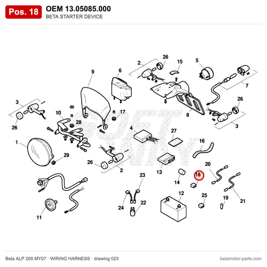 BETA STARTER DEVICE – OEM 13.05085.000, position 18 on the Beta ALP 200 MY07 wiring harness drawing