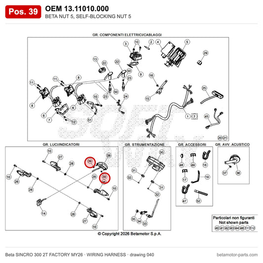 BETA NUT 5, SELF-BLOCKING NUT 5 – OEM 13.11010.000, position 39 on the Beta SINCRO 300 2T FACTORY MY26 wiring harness drawing