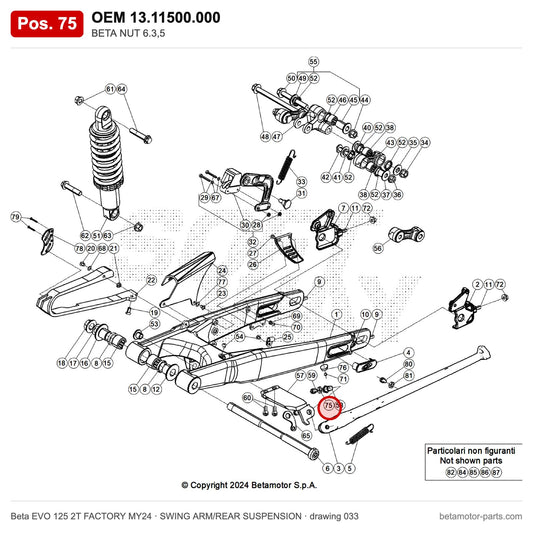BETA NUT 6.3,5 – OEM 13.11500.000, position 75 on the Beta EVO 125 2T FACTORY MY24 swing arm/rear suspension drawing
