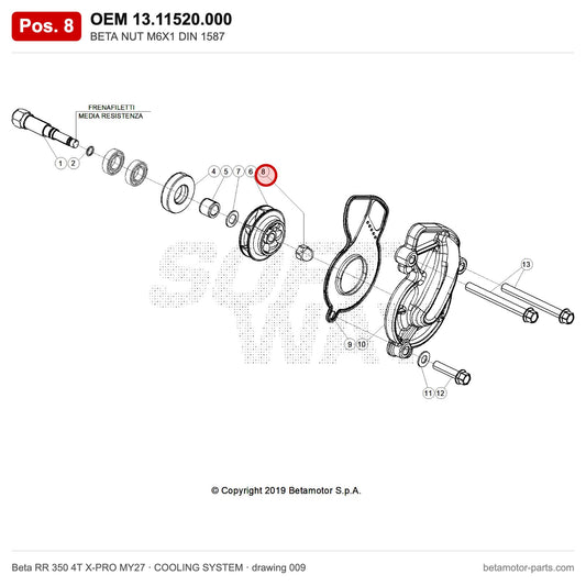 BETA NUT M6X1 DIN 1587 – OEM 13.11520.000, position 8 on the Beta RR 350 4T X-PRO MY27 cooling system drawing