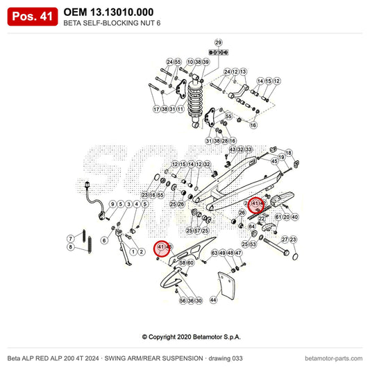 BETA SELF-BLOCKING NUT 6 – OEM 13.13010.000, position 41 on the Beta ALP RED ALP 200 4T 2024 swing arm/rear suspension drawing