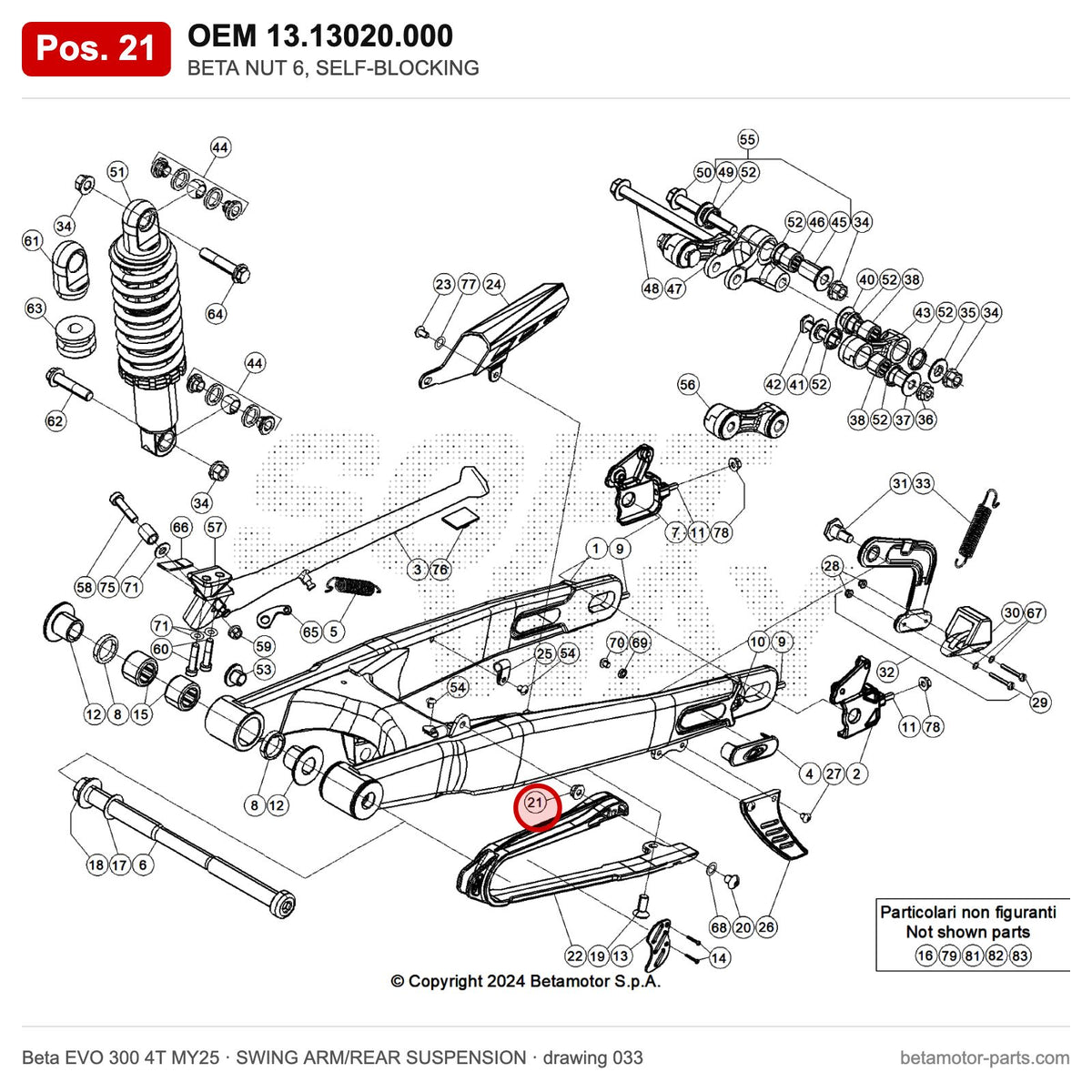 BETA NUT 6, SELF-BLOCKING – OEM 13.13020.000, position 21 on the Beta EVO 300 4T MY25 swing arm/rear suspension drawing