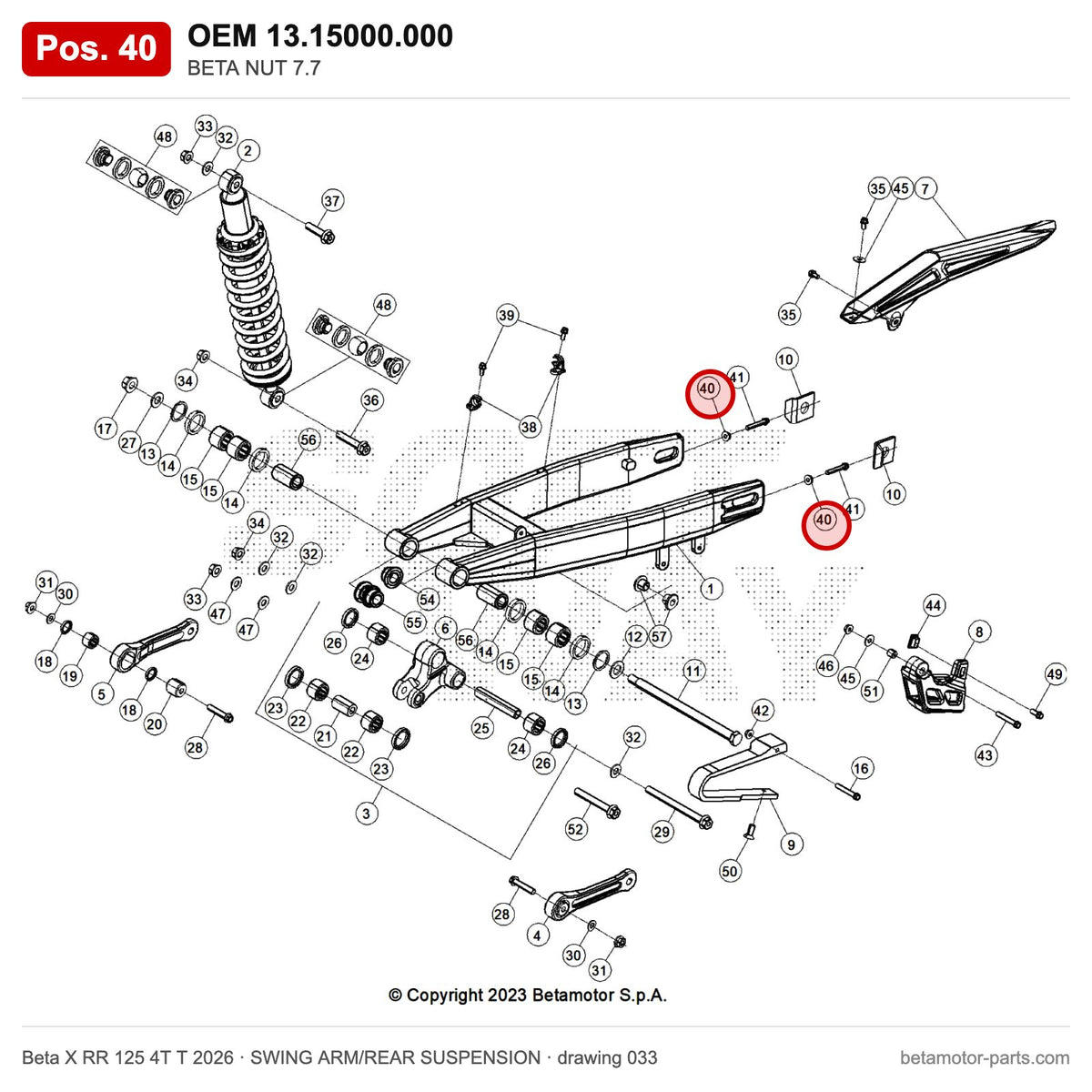BETA NUT 7.7 – OEM 13.15000.000, position 40 on the Beta X RR 125 4T T 2026 swing arm/rear suspension drawing