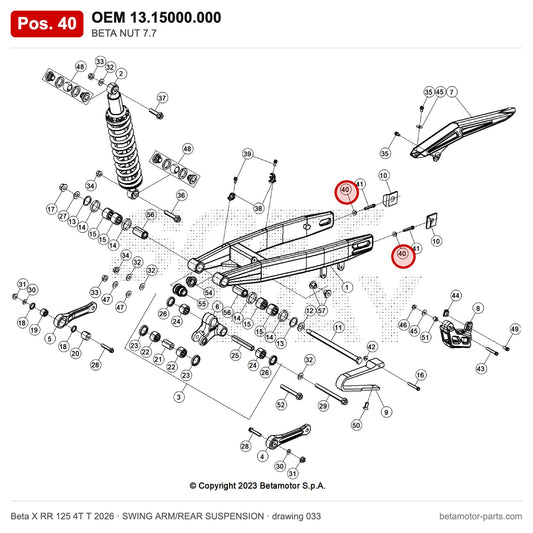BETA NUT 7.7 – OEM 13.15000.000, position 40 on the Beta X RR 125 4T T 2026 swing arm/rear suspension drawing