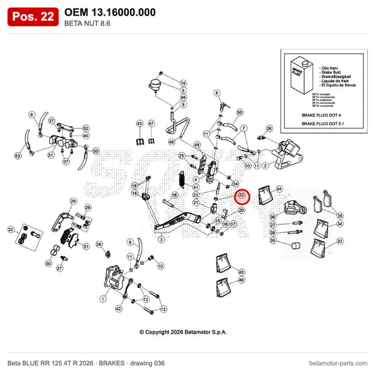 BETA NUT 8.6 – OEM 13.16000.000, position 22 on the Beta BLUE RR 125 4T R 2026 brakes drawing