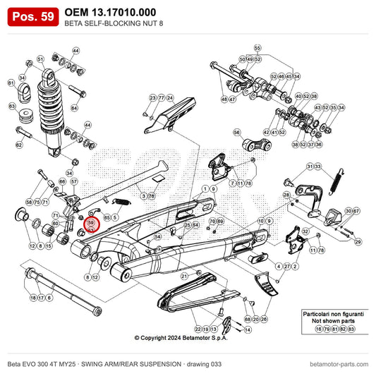 BETA SELF-BLOCKING NUT 8 – OEM 13.17010.000, position 59 on the Beta EVO 300 4T MY25 swing arm/rear suspension drawing
