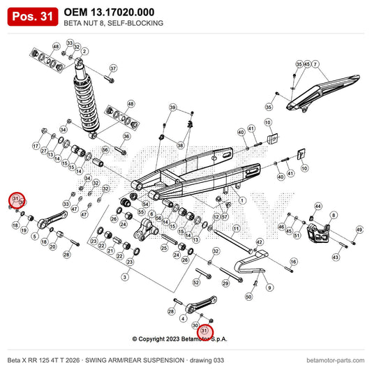 BETA NUT 8, SELF-BLOCKING – OEM 13.17020.000, position 31 on the Beta X RR 125 4T T 2026 swing arm/rear suspension drawing