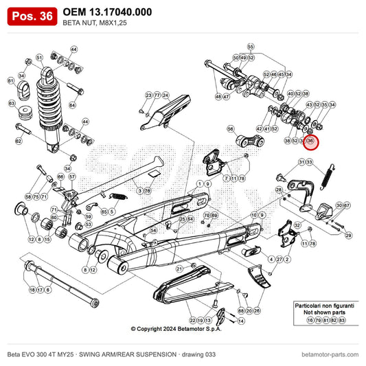 BETA NUT, M8X1,25 – OEM 13.17040.000, position 36 on the Beta EVO 300 4T MY25 swing arm/rear suspension drawing