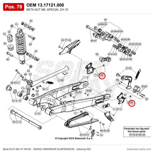 BETA NUT M8, SPECIAL CH.10 – OEM 13.17121.000, position 78 on the Beta EVO 300 4T MY25 swing arm/rear suspension drawing