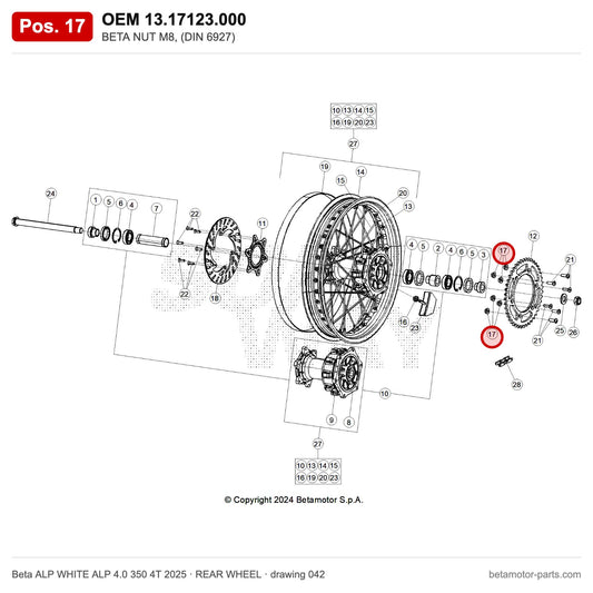 BETA NUT M8, (DIN 6927) – OEM 13.17123.000, position 17 on the Beta ALP WHITE ALP 4.0 350 4T 2025 rear wheel drawing
