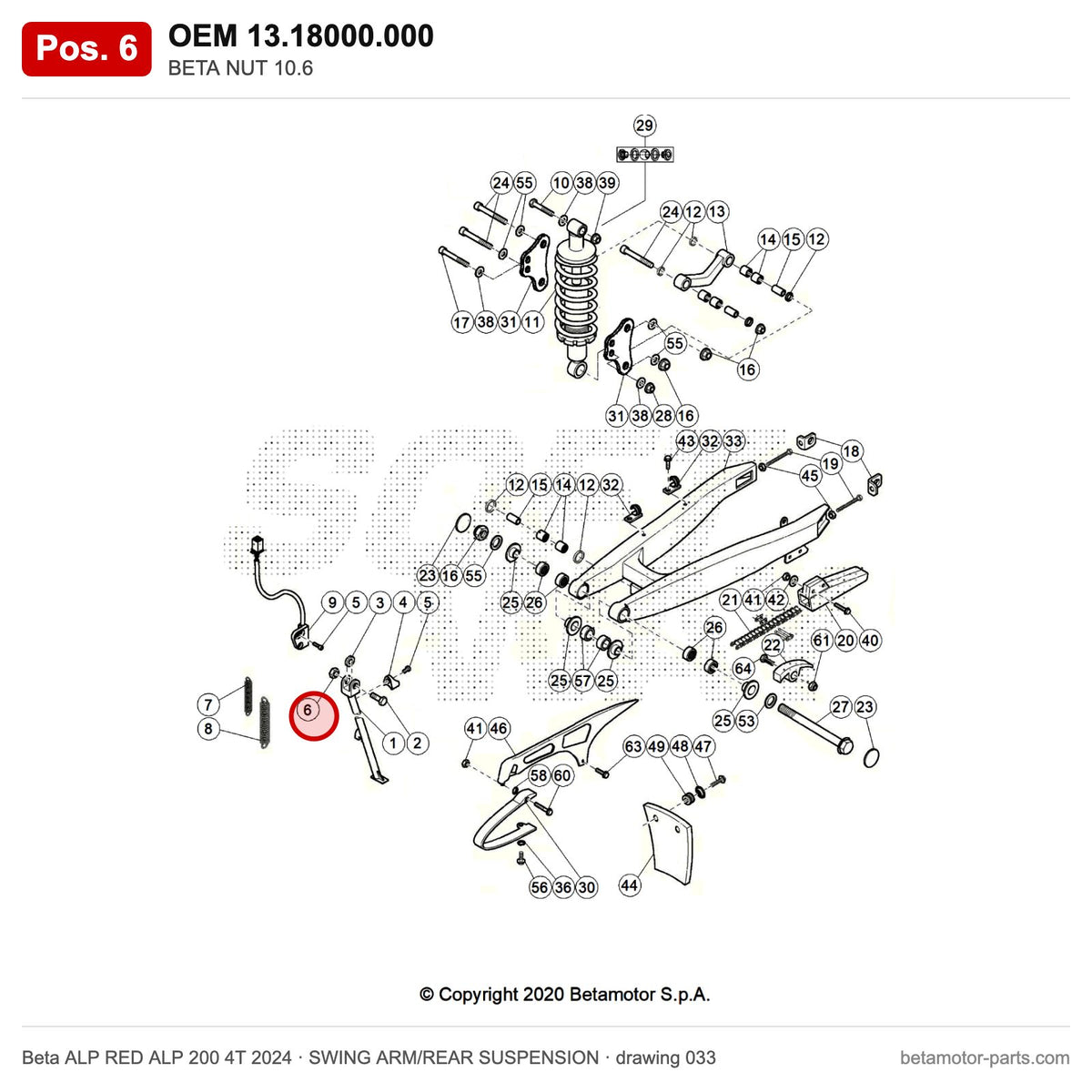 BETA NUT 10.6 – OEM 13.18000.000, position 6 on the Beta ALP RED ALP 200 4T 2024 swing arm/rear suspension drawing