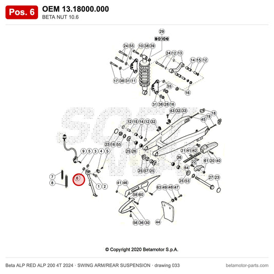 BETA NUT 10.6 – OEM 13.18000.000, position 6 on the Beta ALP RED ALP 200 4T 2024 swing arm/rear suspension drawing