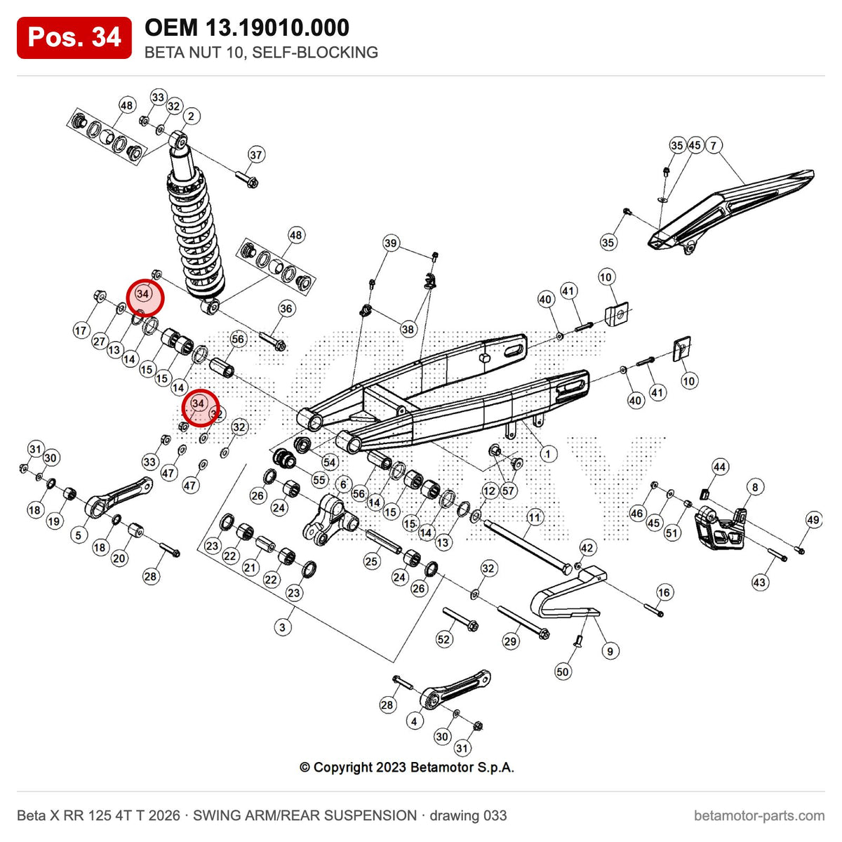 BETA NUT 10, SELF-BLOCKING – OEM 13.19010.000, position 34 on the Beta X RR 125 4T T 2026 swing arm/rear suspension drawing