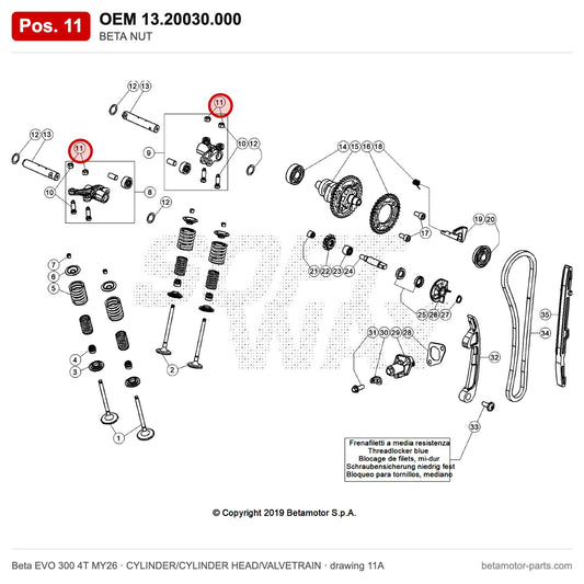 BETA NUT – OEM 13.20030.000, position 11 on the Beta EVO 300 4T MY26 cylinder/cylinder head/valvetrain drawing