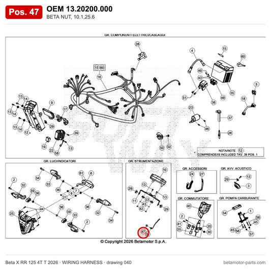 BETA NUT, 10.1,25.6 – OEM 13.20200.000, position 47 on the Beta X RR 125 4T T 2026 wiring harness drawing