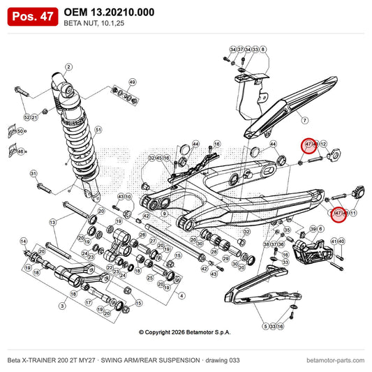 BETA NUT, 10.1,25 – OEM 13.20210.000, position 47 on the Beta X-TRAINER 200 2T MY27 swing arm/rear suspension drawing