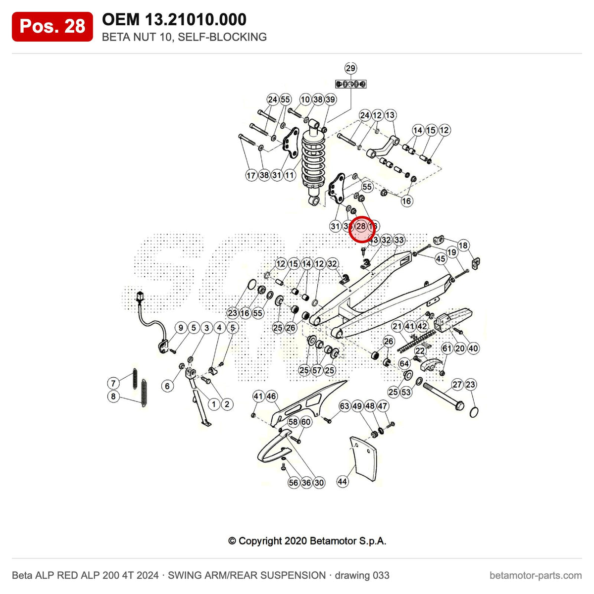 BETA NUT 10, SELF-BLOCKING – OEM 13.21010.000, position 28 on the Beta ALP RED ALP 200 4T 2024 swing arm/rear suspension drawing