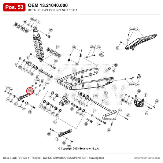 BETA SELF-BLOCKING NUT 10 P.1 – OEM 13.21040.000, position 53 on the Beta BLUE RR 125 4T R 2026 swing arm/rear suspension drawing