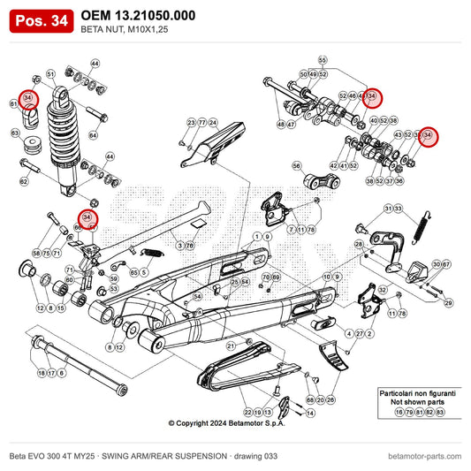 BETA NUT, M10X1,25 – OEM 13.21050.000, position 34 on the Beta EVO 300 4T MY25 swing arm/rear suspension drawing