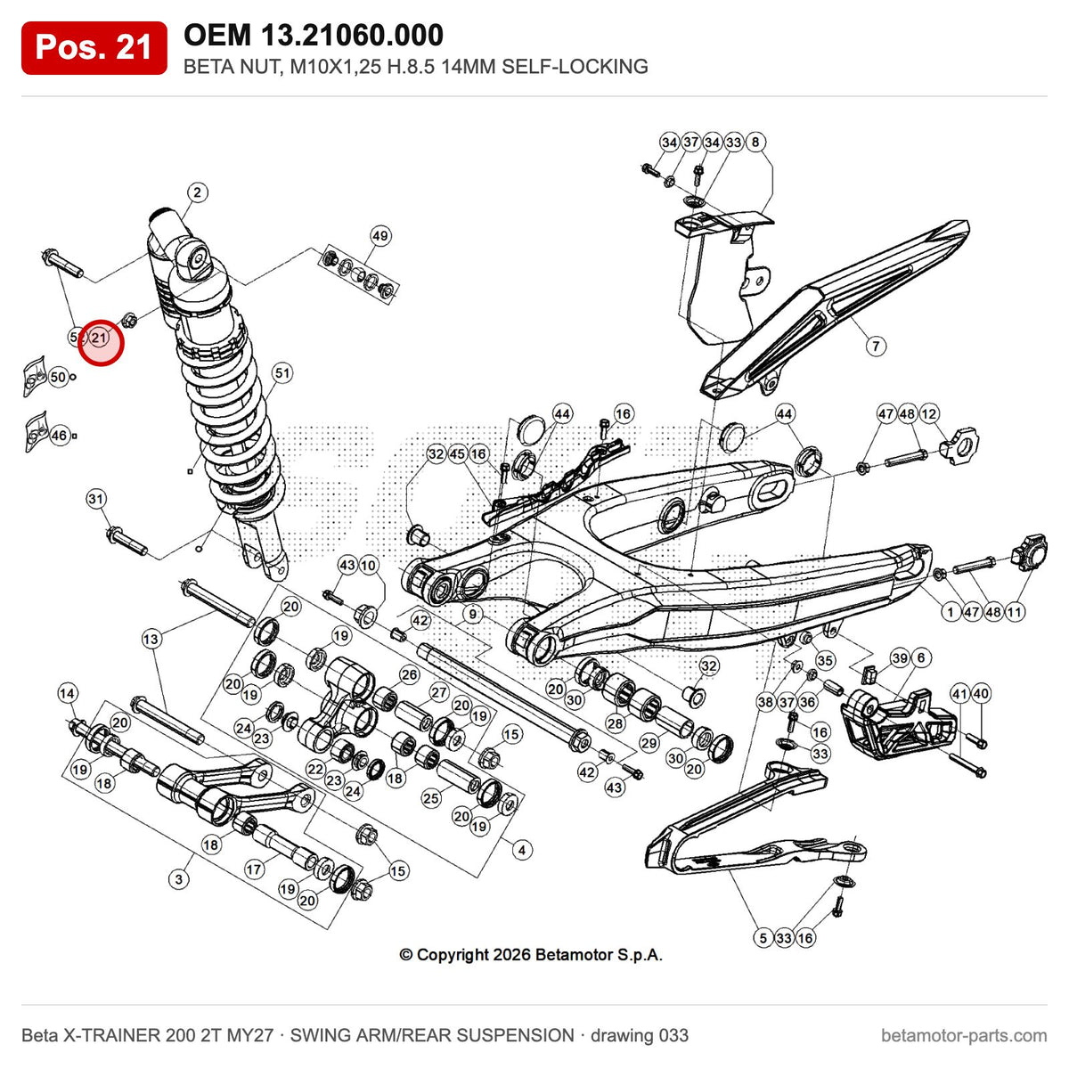 BETA NUT, M10X1,25 H.8.5 14MM SELF-LOCKING – OEM 13.21060.000, position 21 on the Beta X-TRAINER 200 2T MY27 swing arm/rear suspension drawing