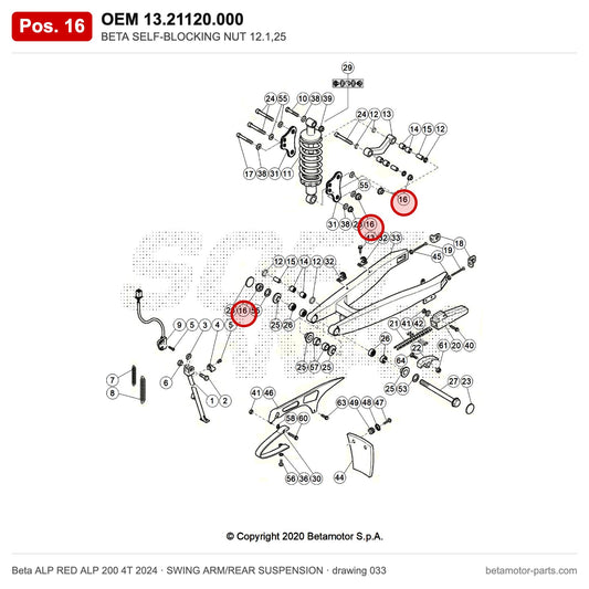 BETA SELF-BLOCKING NUT 12.1,25 – OEM 13.21120.000, position 16 on the Beta ALP RED ALP 200 4T 2024 swing arm/rear suspension drawing
