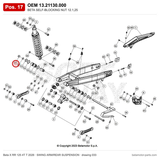 BETA SELF-BLOCKING NUT 12.1,25 – OEM 13.21130.000, position 17 on the Beta X RR 125 4T T 2026 swing arm/rear suspension drawing