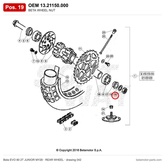 BETA WHEEL NUT – OEM 13.21150.000, position 19 on the Beta EVO 80 2T JUNIOR MY26 rear wheel drawing