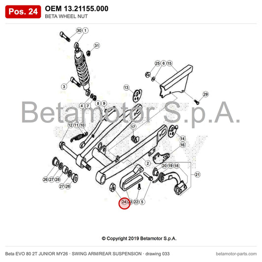 BETA WHEEL NUT – OEM 13.21155.000, position 24 on the Beta EVO 80 2T JUNIOR MY26 swing arm/rear suspension drawing