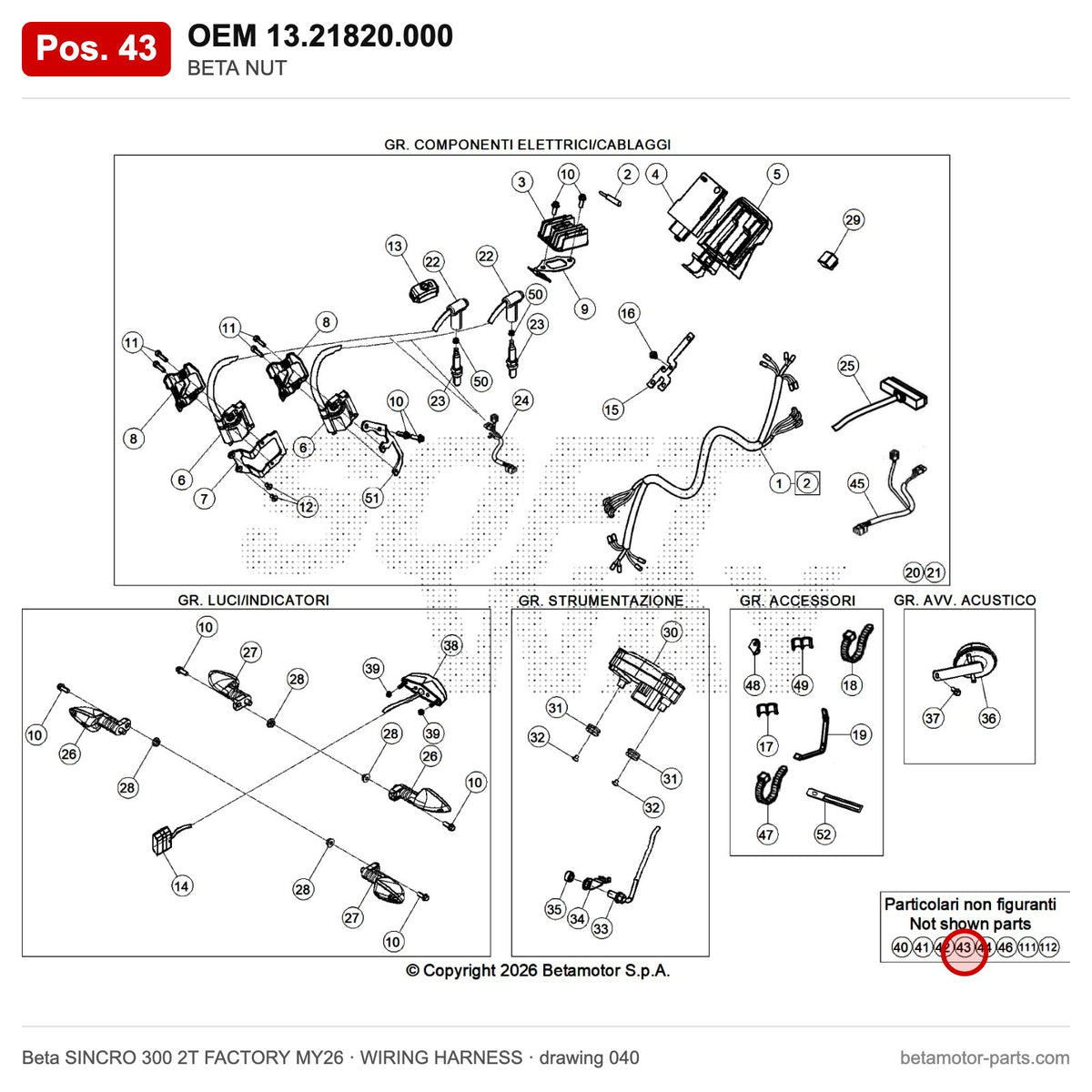 BETA NUT – OEM 13.21820.000, position 43 on the Beta SINCRO 300 2T FACTORY MY26 wiring harness drawing