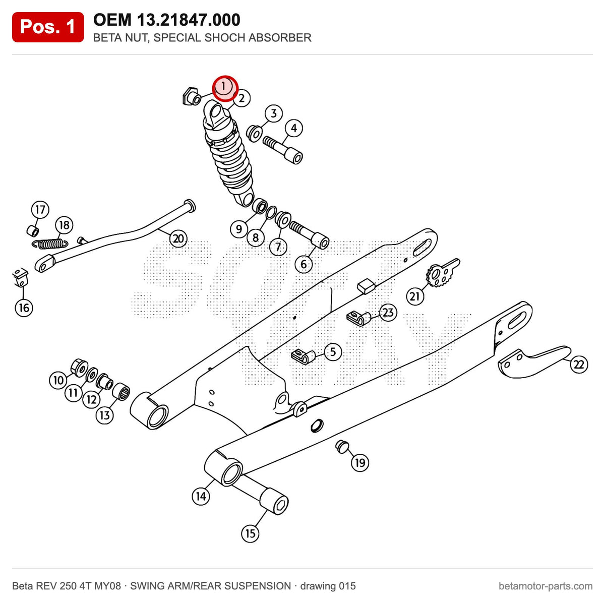 BETA NUT, SPECIAL SHOCH ABSORBER – OEM 13.21847.000, position 1 on the Beta REV 250 4T MY08 swing arm/rear suspension drawing