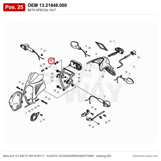 BETA SPECIAL NUT – OEM 13.21848.000, position 25 on the Beta ALP 4.0 350 4T MY16-MY17 plastic accessories/seat/tank drawing