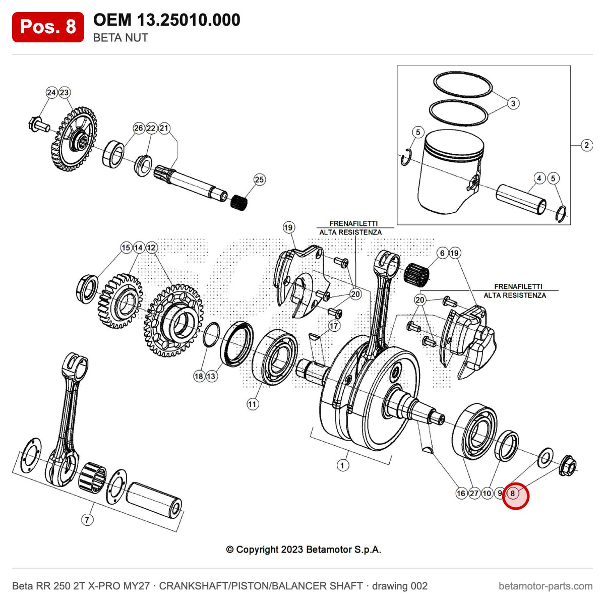 BETA NUT – OEM 13.25010.000, position 8 on the Beta RR 250 2T X-PRO MY27 crankshaft/piston/balancer shaft drawing