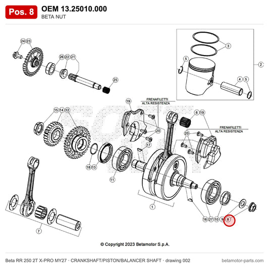 BETA NUT – OEM 13.25010.000, position 8 on the Beta RR 250 2T X-PRO MY27 crankshaft/piston/balancer shaft drawing