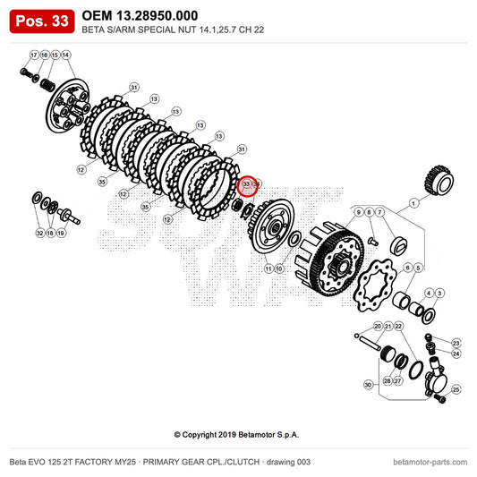 BETA S/ARM SPECIAL NUT 14.1,25.7 CH 22 – OEM 13.28950.000, position 33 on the Beta EVO 125 2T FACTORY MY25 primary gear cpl./clutch drawing