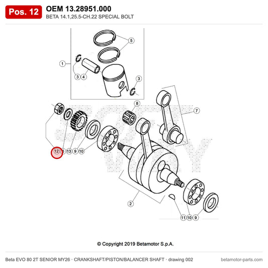 BETA 14.1,25.5-CH.22 SPECIAL BOLT – OEM 13.28951.000, position 12 on the Beta EVO 80 2T SENIOR MY26 crankshaft/piston/balancer shaft drawing